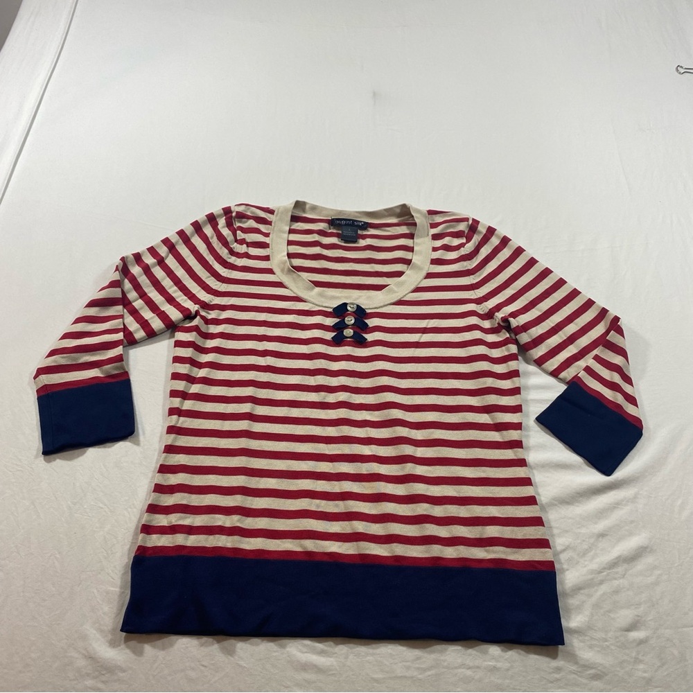 August Silk Striped Blouse Top women Large long sleeve red white blue scoop neck